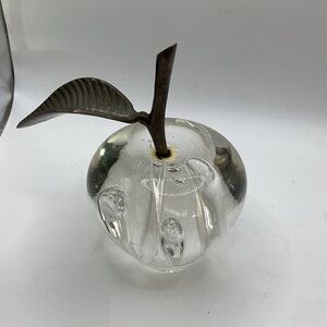 Glass Apple Paperweight with Metal Stem and Leaf 6” x 3.5”
